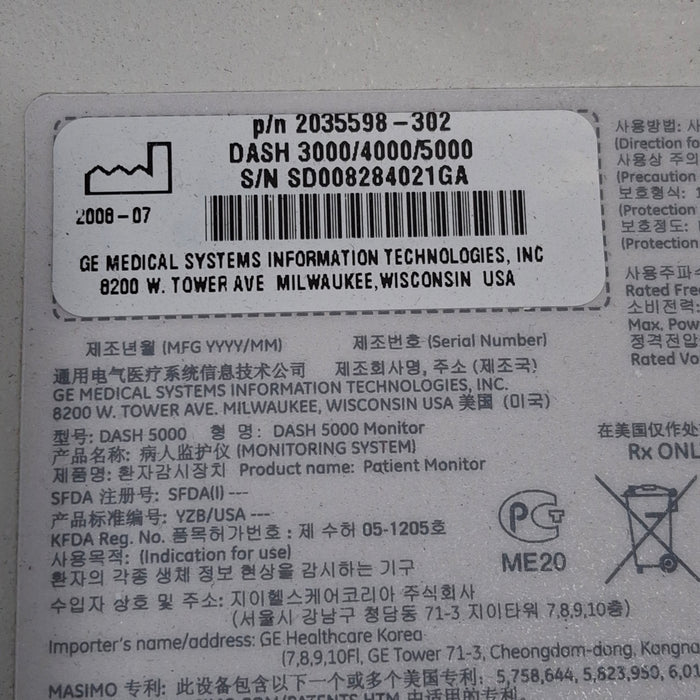 GE Healthcare Dash 5000 - Masimo SpO2 Patient Monitor