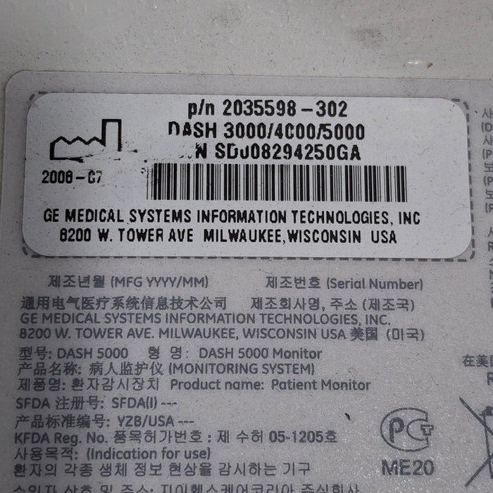 GE Healthcare Dash 5000 - Masimo SpO2 Patient Monitor
