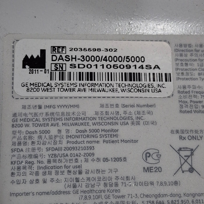 GE Healthcare Dash 5000 - Masimo SpO2 Patient Monitor