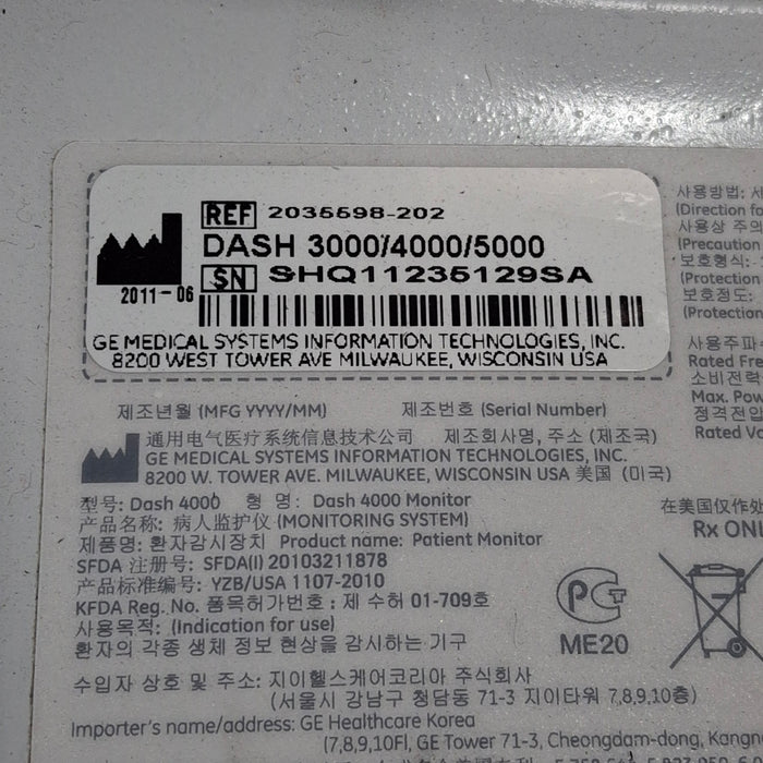 GE Healthcare Dash 4000 - Masimo SpO2 Patient Monitor