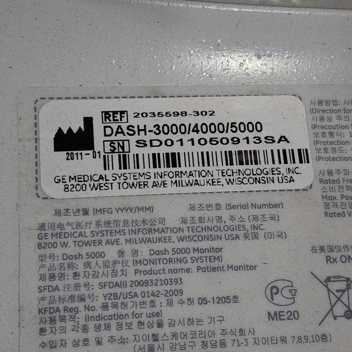 GE Healthcare Dash 5000 - Masimo SpO2 Patient Monitor