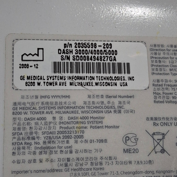 GE Healthcare Dash 4000 - GE/Nellcor SpO2 Patient Monitor