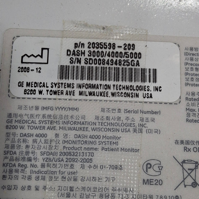 GE Healthcare Dash 4000 - GE/Nellcor SpO2 Patient Monitor