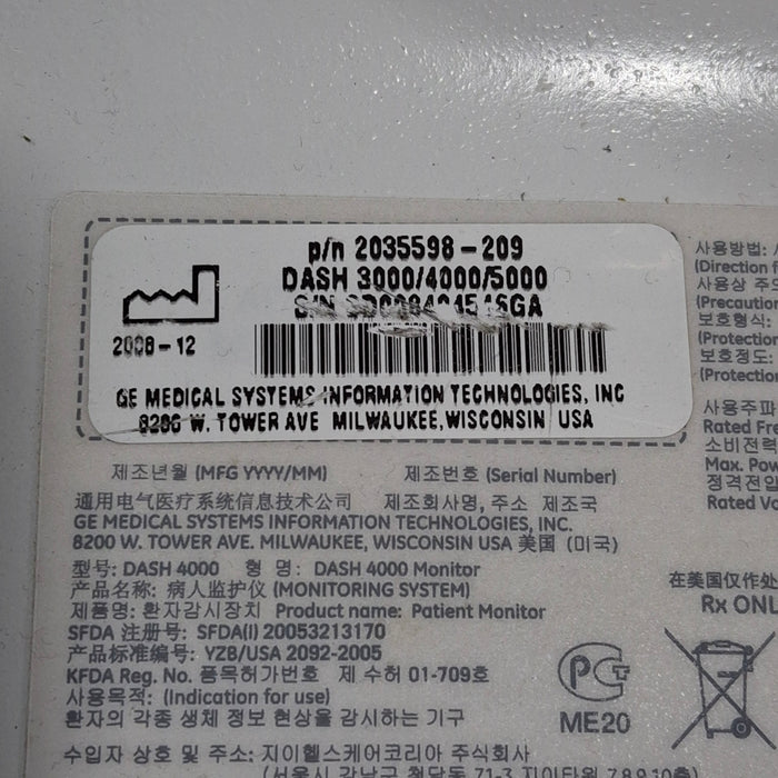 GE Healthcare Dash 4000 - GE/Nellcor SpO2 Patient Monitor