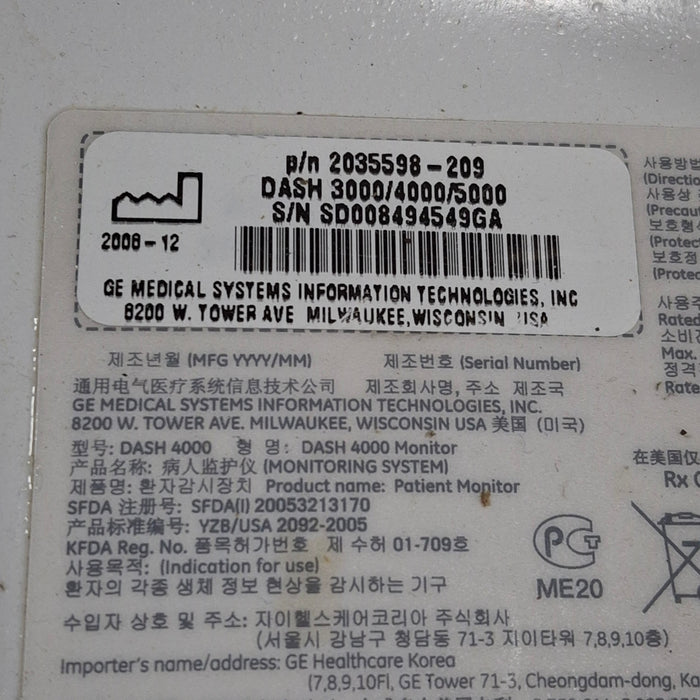 GE Healthcare Dash 4000 - GE/Nellcor SpO2 Patient Monitor