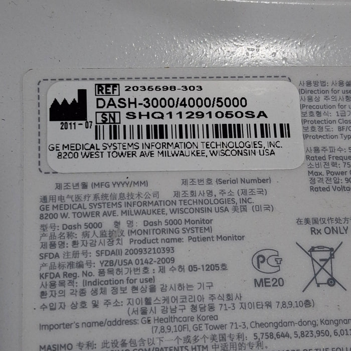 GE Healthcare Dash 5000 - GE/Nellcor SpO2 Patient Monitor