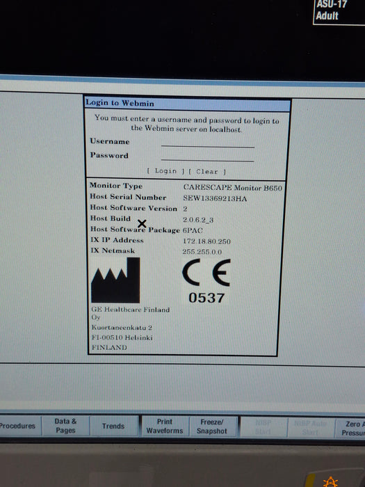 GE Healthcare Carescape B650 Post Anesthesia Care Patient Monitor