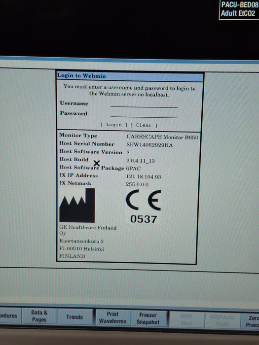 GE Healthcare Carescape B650 Post Anesthesia Care Patient Monitor
