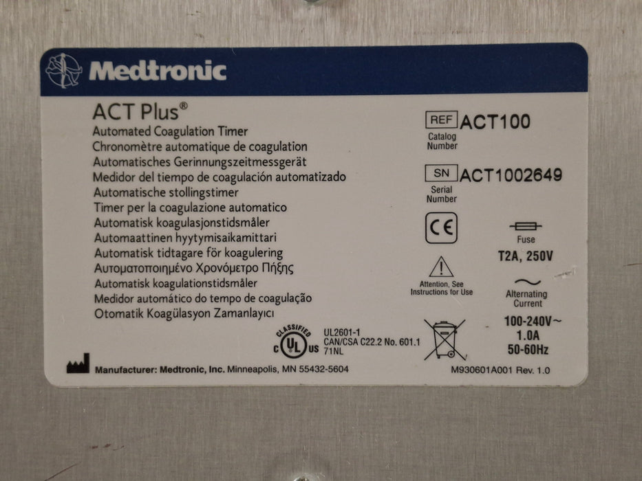 Medtronic ACT Plus Automated Coagulation Timer