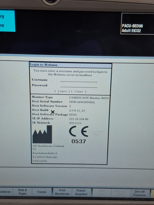 GE Healthcare Carescape B650 Post Anesthesia Care Patient Monitor