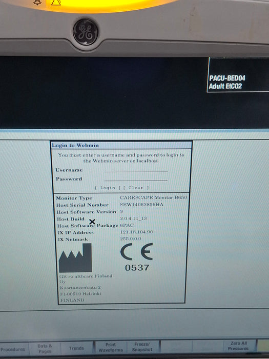 GE Healthcare Carescape B650 Post Anesthesia Care Patient Monitor
