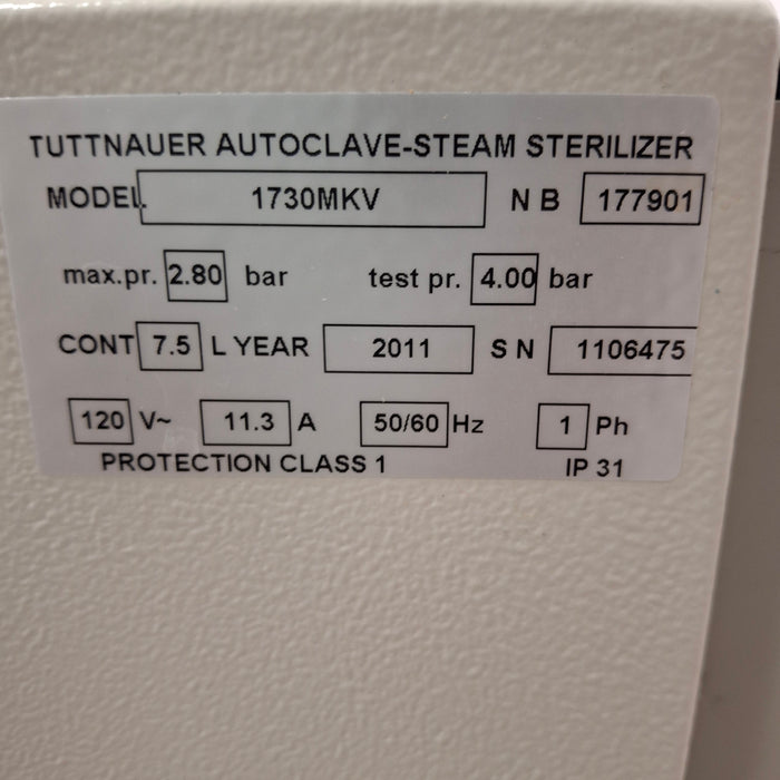 Tuttnauer 1730MKV Autoclave Sterilizer