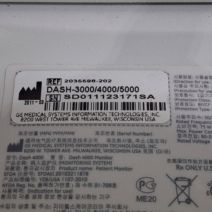 GE Healthcare Dash 4000 - Masimo SpO2 Patient Monitor