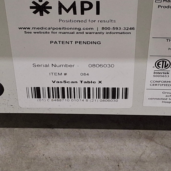 Medical Positioning, Inc. VasScan X Vascular Imaging Ultrasound Table