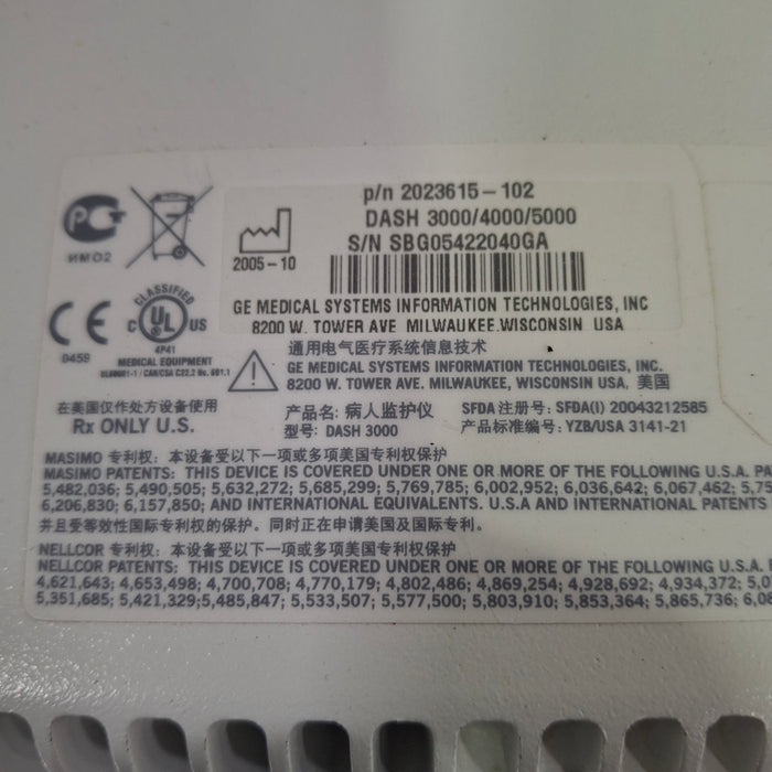 GE Healthcare Dash 3000 - Masimo SpO2 Patient Monitor