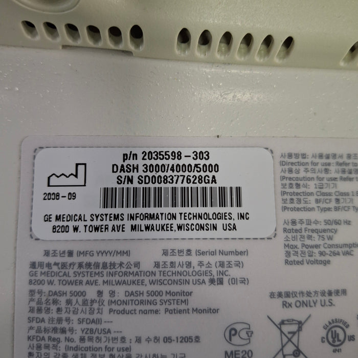 GE Healthcare Dash 5000 - Masimo SpO2 Patient Monitor