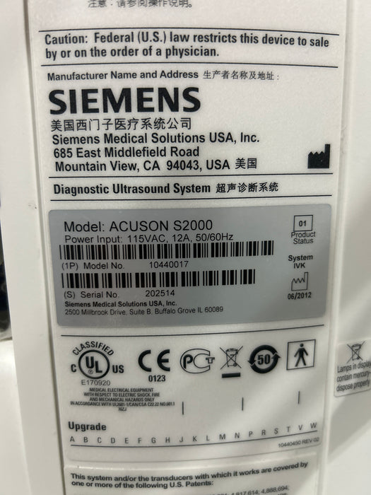 Siemens Acuson S2000 Ultrasound