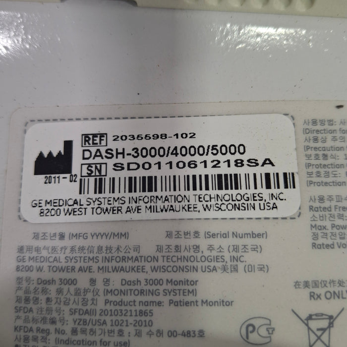 GE Healthcare Dash 3000 - Masimo SpO2 Patient Monitor