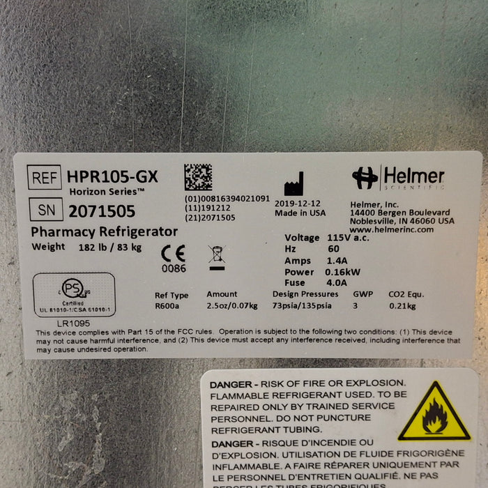 Helmer Inc HPR105-GX Undercounter Pharmacy Refrigerator
