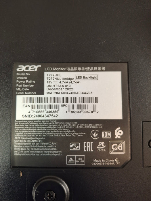 ACER T27HUL Touch Screen Monitor