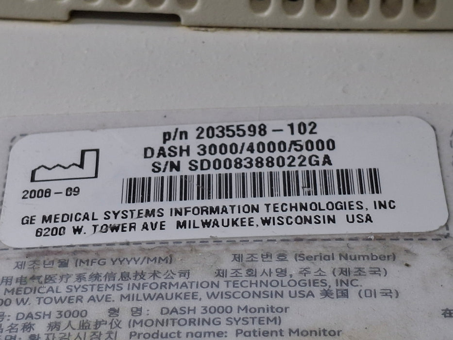 GE Healthcare Dash 3000 - Masimo SpO2 Patient Monitor