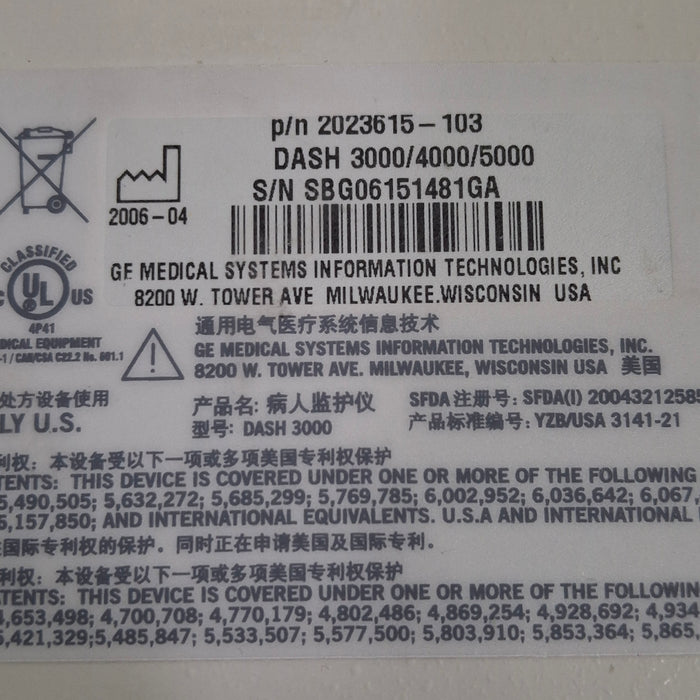 GE Healthcare Dash 3000 - Masimo SpO2 Patient Monitor