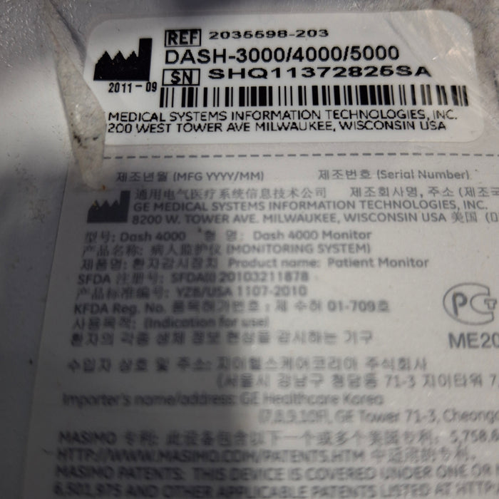 GE Healthcare Dash 4000 - GE/Nellcor SpO2 Patient Monitor