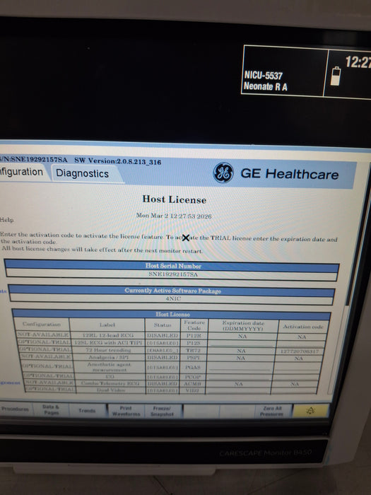 GE Healthcare Carescape B450 Neonatal Care Patient Monitor