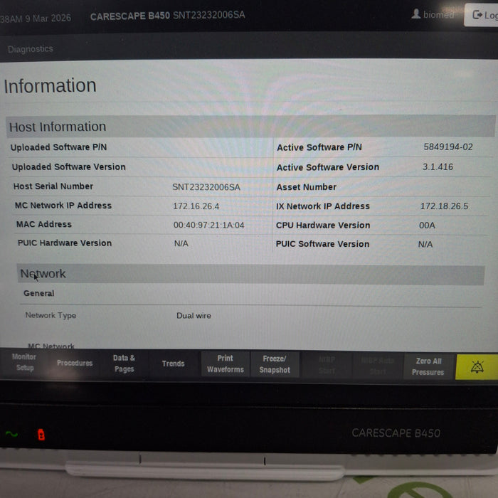 GE Healthcare Carescape B450 Neonatal Care Patient Monitor
