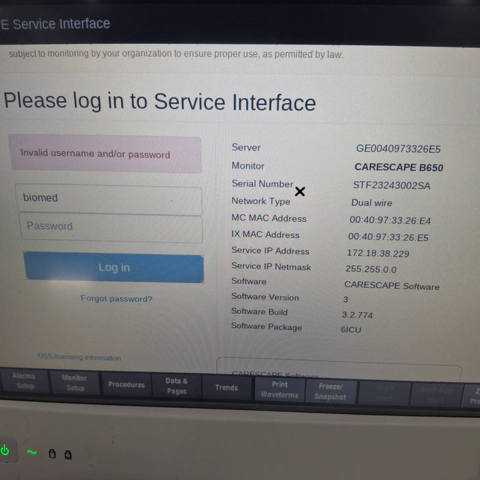 GE Healthcare Carescape B650 Critical Care Patient Monitor