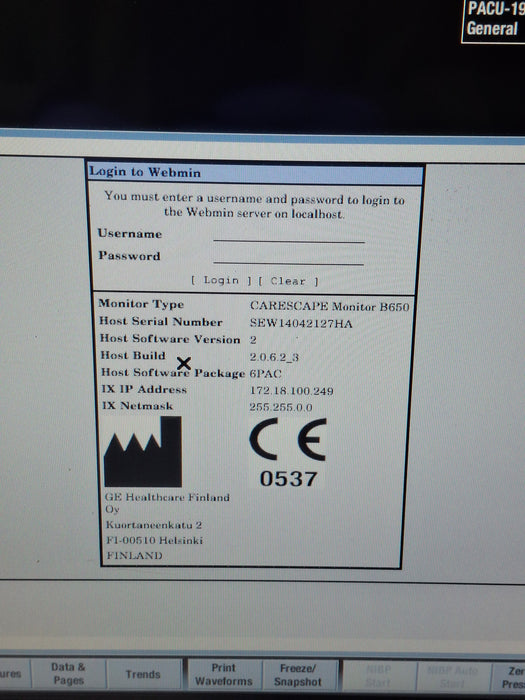 GE Healthcare Carescape B650 Post Anesthesia Care Patient Monitor