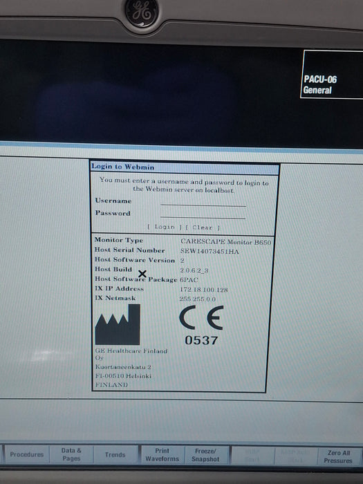 GE Healthcare Carescape B650 Post Anesthesia Care Patient Monitor