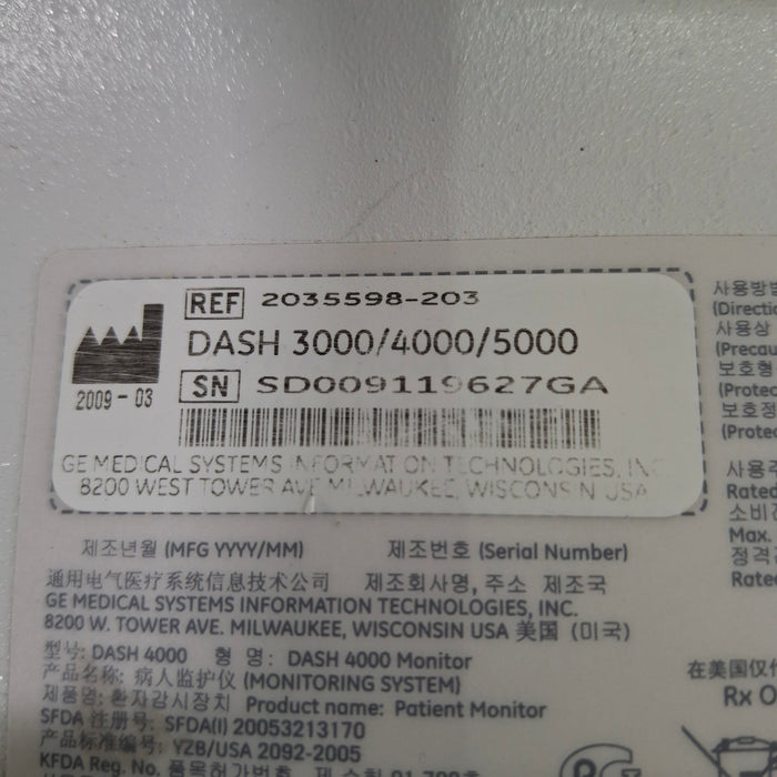 GE Healthcare Dash 4000 - Masimo SpO2 Patient Monitor