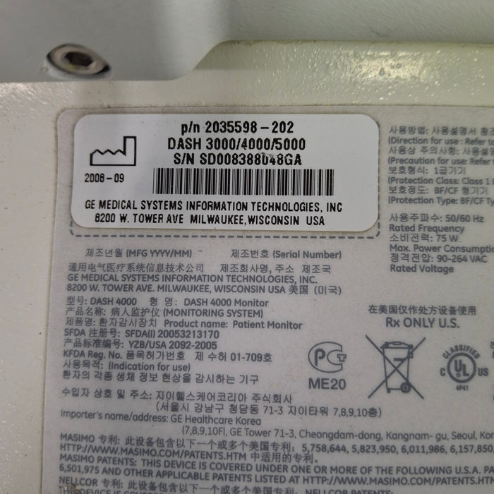 GE Healthcare Dash 4000 - Masimo SpO2 Patient Monitor