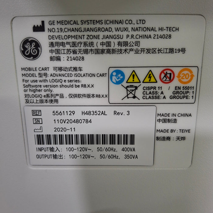 GE Healthcare Logiq e Advanced Isolation Mobile Docking Cart