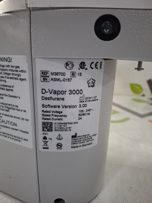 Draeger Medical D-Vapor 3000 Desflurane Vaporizer