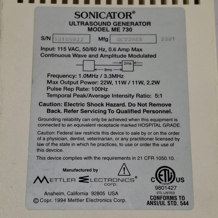 Mettler Electronics Sonicator 730 Ultrasound Therapy Unit