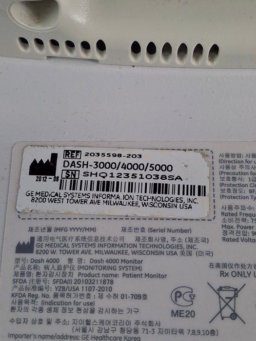 GE Healthcare Dash 4000 - Masimo SpO2 Patient Monitor