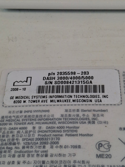 GE Healthcare Dash 4000 - Masimo SpO2 Patient Monitor