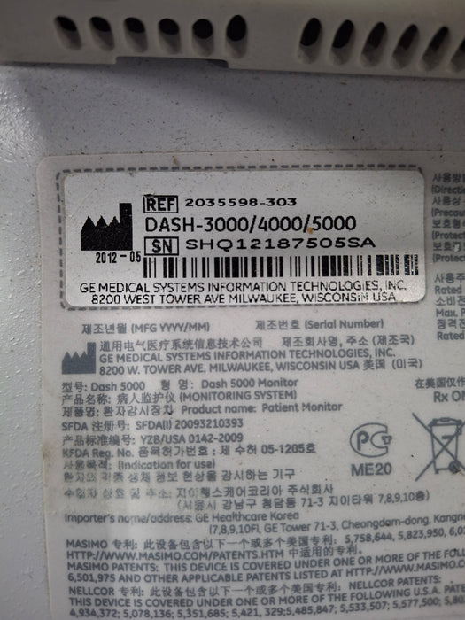 GE Healthcare Dash 5000 - Masimo SpO2 Patient Monitor