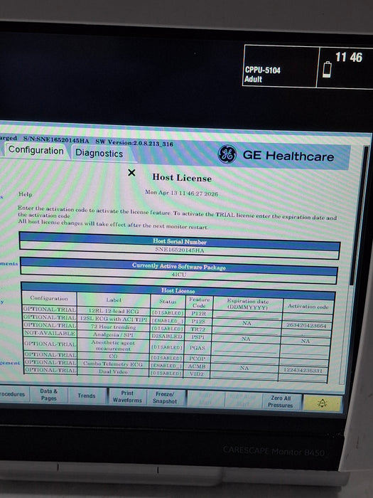 GE Healthcare Carescape B450 Critical Care Patient Monitor
