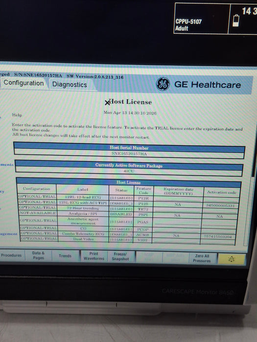 GE Healthcare Carescape B450 Critical Care Patient Monitor
