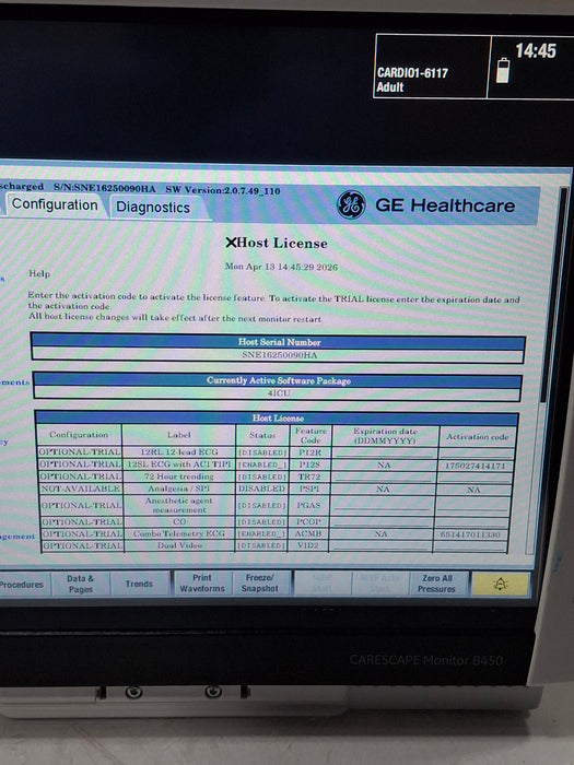GE Healthcare Carescape B450 Critical Care Patient Monitor