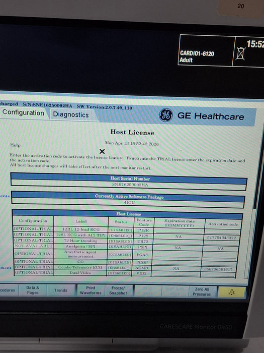 GE Healthcare Carescape B450 Critical Care Patient Monitor