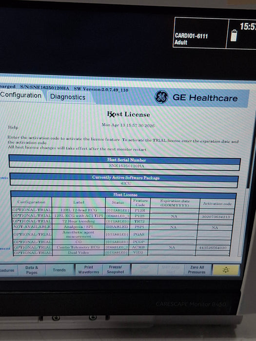 GE Healthcare Carescape B450 Critical Care Patient Monitor