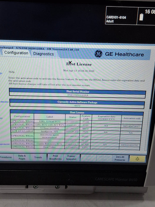 GE Healthcare Carescape B450 Critical Care Patient Monitor