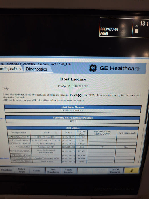 GE Healthcare Carescape B450 Post Anesthesia Care Patient Monitor