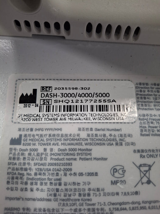 GE Healthcare Dash 5000 - Masimo SpO2 Patient Monitor