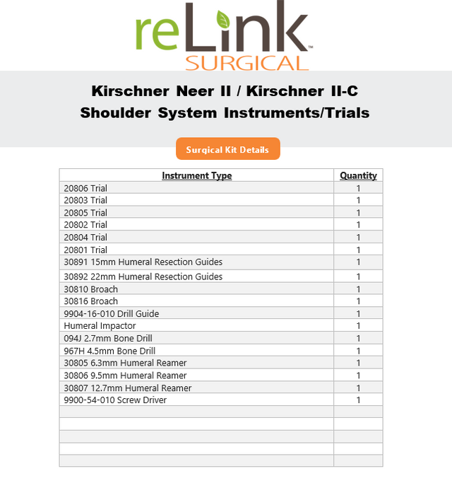 Kirschner Neer II/Kirschner II-C Shoulder System Instruments/Trials