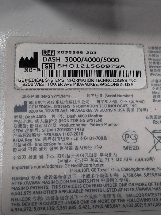 GE Healthcare Dash 4000 - GE/Nellcor SpO2 Patient Monitor